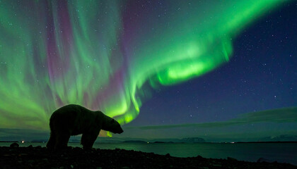 Polar bear under northern lights display