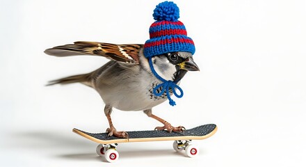 A cute cartoon vector illustration of a happy penguin character wearing a Santa hat and standing on winter snow and ice with a holiday snowman