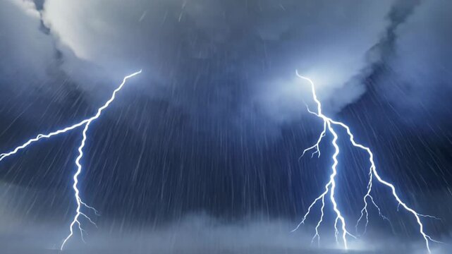 Dramatic storm with bright lightning bolts ripping through dark clouds over a turbulent sky.