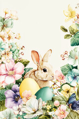 Obraz premium Easter scene shows a bunny surrounded by decorated eggs and blooming flowers. The design is suitable for cards, invitations, or seasonal decor