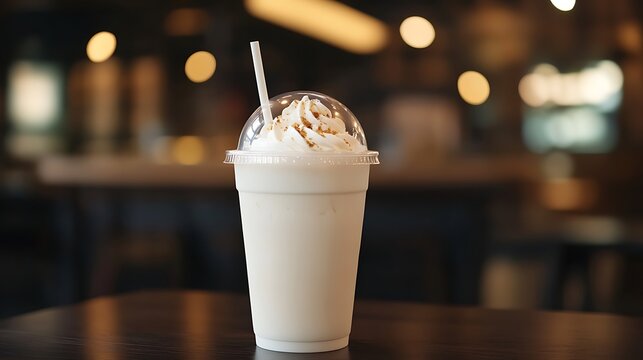 Vanilla milkshake served in a clear plastic cup with dome lid and straw, placed on a dark wooden restaurant table