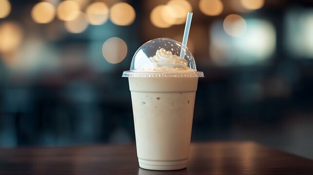 Vanilla milkshake served in a clear plastic cup with dome lid and straw, placed on a dark wooden restaurant table