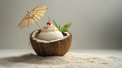 Vanilla milkshake served in a half cut coconut shell, with tiny umbrella and tropical leaf props, sandy surface, beach style