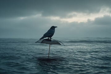 Obraz premium Raven perched on a floating umbrella in the open sea under a stormy sky