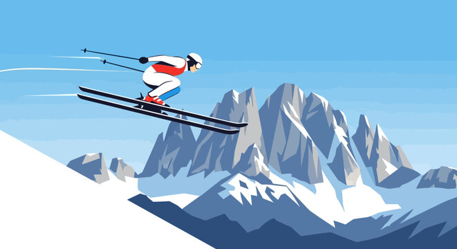 This flat design illustration captures the exhilarating spirit of alpine skiing, showcasing a dynamic athlete against the stunning backdrop of the Dolomites for the Milano-Cortina 2026 Winter Olympics