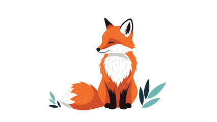 Beautiful vector illustration of a red fox sitting calmly with its tail wrapped around its feet and small green leaves nearby.