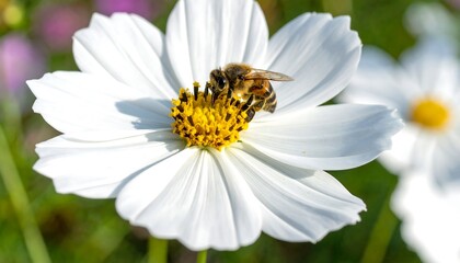 Obraz premium A Bee Collecting Pollen from a White Cosmos Flower in a Garden.