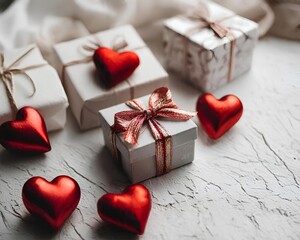 Fototapeta premium Komposisi kotak kado elegan berwarna netral dengan pita dan ornamen hati merah di atas latar putih bertekstur. Konsep romantis untuk Valentine, cinta, perayaan, dan hadiah spesial