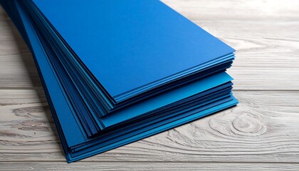 Stack of Blue Paper Sheets on Wooden Table.