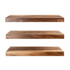 Obraz premium Three floating walnut wood shelves with natural grain patterns displayed horizontally isolated on a transparent background