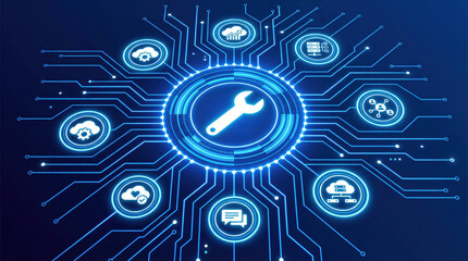 Digital wrench icon at the center of a technology network connecting various cloud computing services and data systems