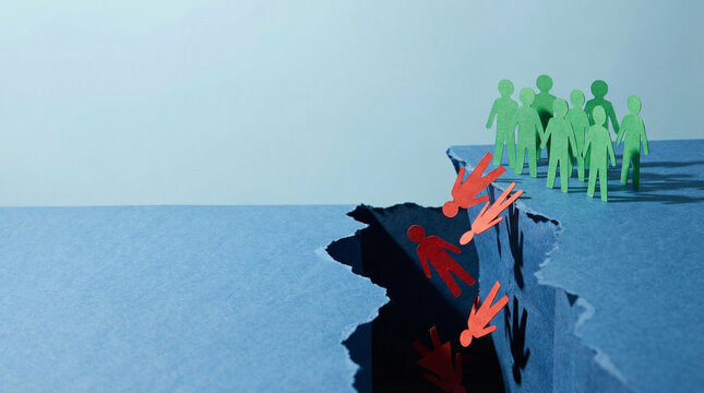 Paper Figures Separated by Ripped Ground Chasm - Economic Inequality and Risk Concept
