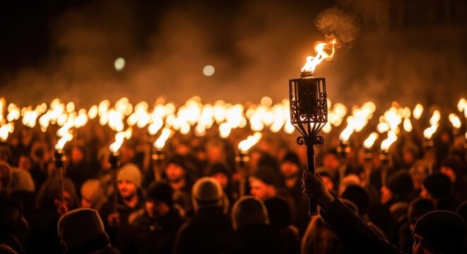 Crowd of people holding burning torches at a night event
