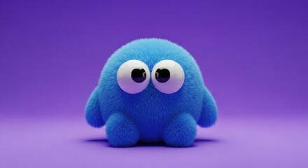 Cute blue furry monster with big eyes on purple background