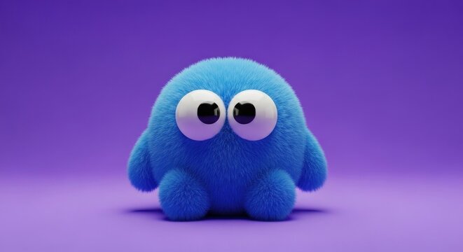 Cute blue furry monster with big eyes on purple background