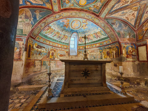Detailed view of the 'Sistine Chapel of the Middle Ages' inside the Crypt of San Magno, Anagni Cathedral, Italy, showcasing historic medieval frescoes