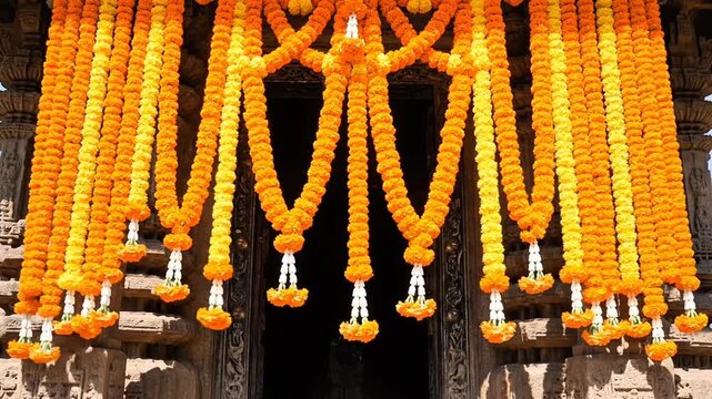 Vibrant Marigold Garlands Decorate Ancient Hindu Temple Entrance