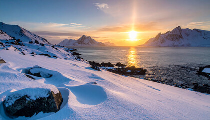 Snowy mountains reflect winter sunset light