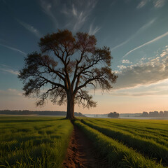 Breathtaking view of a tree on a field with a tree line in the background under the beautiful sky