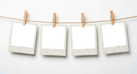 Molduras de fotos Polaroid com leves manhas de desgaste nas bordas em varal de corda com...