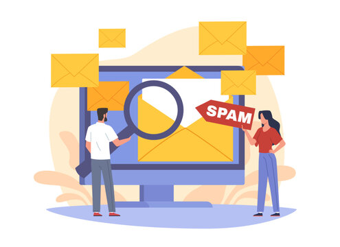 Unsolicited messages, malware distribution. Spam mailing list, orange message envelopes, inbox protection, envelopes on monitor, clean and secure with magnifying glass vector cartoon concept