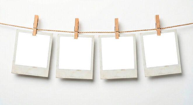 Molduras de fotos Polaroid com leves manhas de desgaste nas bordas em varal de corda com pregadores, imagem com fundo branco e centro da foto transparente png, sem fundo para mokup.