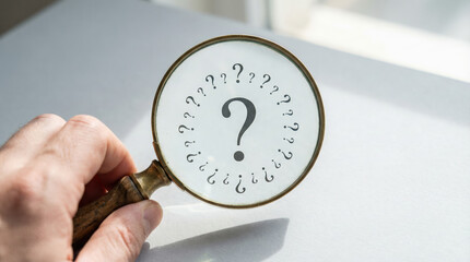Person holding a magnifying glass over a surface filled with question marks representing questioning and examination.