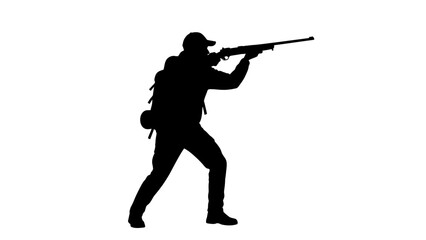 Silhouette of a Hunter Aiming a Rifle in a White Background.