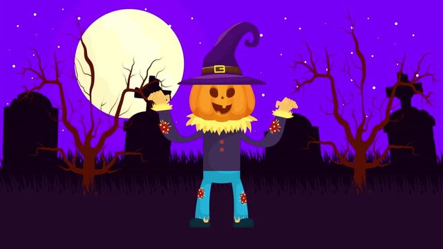 Animated Jack O Lantern Scarecrow in Graveyard Night Scene
