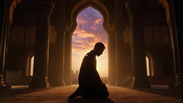 Silhouette of Man Praying at Sunset - Islamic Prayer