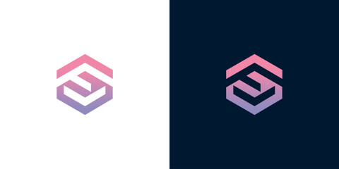 Modern Abstract Geometric Logo Design with Gradient Colors on White and Dark Blue Backgrounds