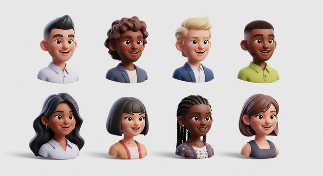 Diverse 3D character avatars of smiling men and women