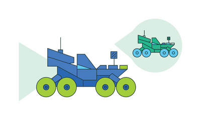 Stylized illustration of a blue and green robotic rover with a smaller green rover in a thought bubble, representing exploration. © Gofur Artistry