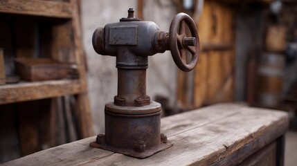 Fototapeta premium A rusty old industrial valve with a handwheel sits on a weathered wooden surface in a vintage workshop