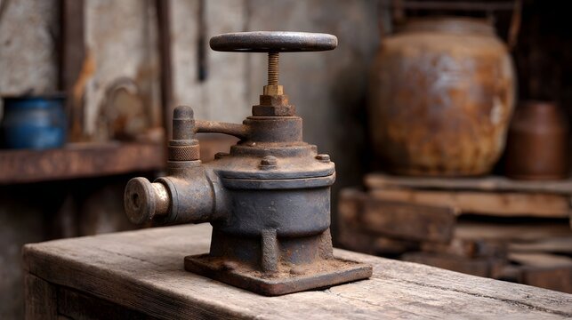 An old heavily rusted industrial valve sits on a weathered wooden surface in a dimly lit workshop