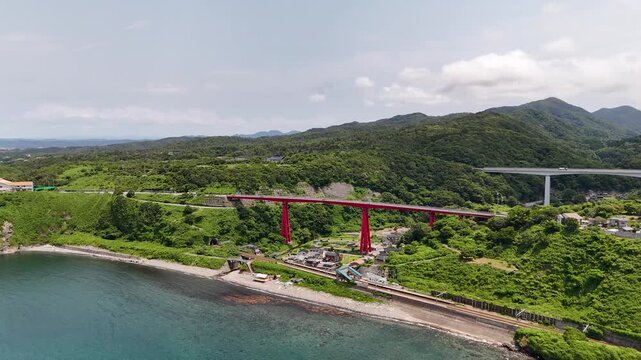 Aerial View of Yoneyama Bridge Over the Sea of Japan, Kashiwazaki, Niigata