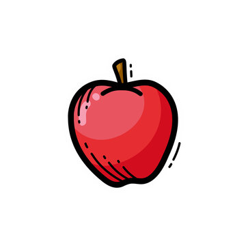 A vibrant, hand-drawn red apple illustration with a brown stem and black outlines, depicting a fresh and healthy fruit in a simple cartoon style.