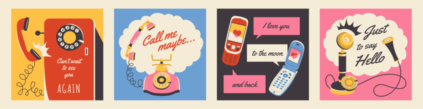 Retro phone banners. Long distance conversations devices, retro apparatus with tubes, wires and dial discs, push buttons, speech fun text bubbles cartoon flat isolated tidy vector set