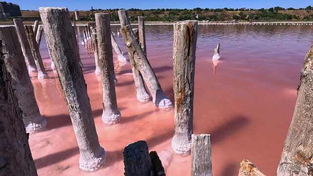 View of the pillars of old salt pans in the Kuyalnik Estuary, Sodium Chloride crystallized on the bottom and wooden poles