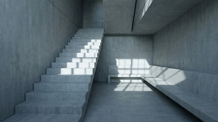 Obraz premium Sunlight casting shadows on concrete stairs and generic minimalist seating in an empty room