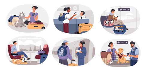 Fototapeta premium People travel with pets. Funny owners transported animals in special carriers, bags and backpacks, cute dogs and cats at airport and train, present passport garish vector cartoon set