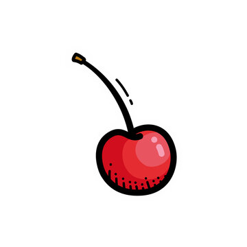 A vibrant red cherry with a green stem, depicted in a playful cartoon doodle style with a black outline and subtle shading on a white background.