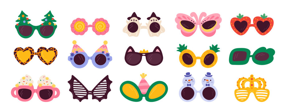 Party sunglasses. Groovy hippy accessories, funny carnival eyewear, different funky masquerade shapes, playful design for fun, humor props, accessory photo, garish vector isolated set