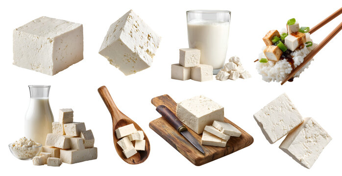 Set of tofu bean curd beancurd, coagulated soy milk soybean, chopstick rice knife, wooden serving board spoon, stack pile slice broken block cube, transparent cutout PNG. Many different style mockup