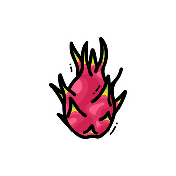 Stylized cartoon illustration of a vibrant pink dragon fruit with green and yellow accents and a bold black outline on a white background.