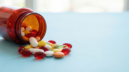 Various colorful pills and medication spilling from a brown pharmacy bottle on a light blue surface
