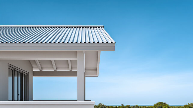 Modern house with metal roof white wall glass door blue sky outdoor minimal style summer architecture peaceful