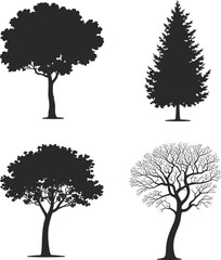 Tree silhouette collection, black forest icons set, isolated white background, deciduous and evergreen trees, nature vector illustration pack