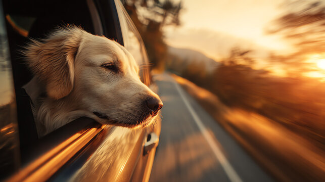 A golden retriever enjoys a sunset drive, head out the window, embracing the freedom of travel.