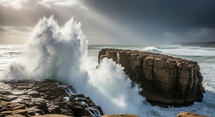 Fototapeta premium Ocean Waves Crashing On Rugged Rocky Coastline